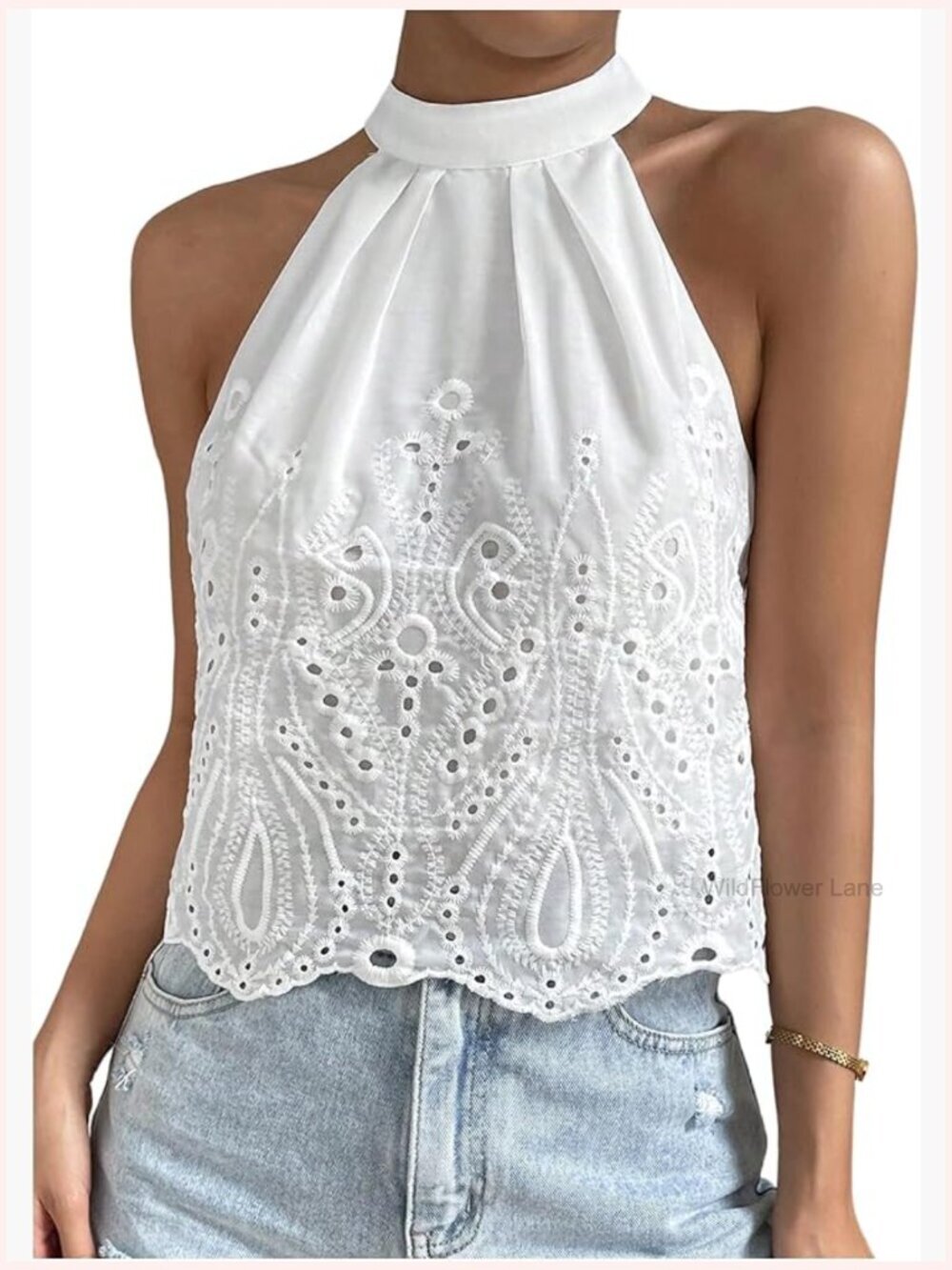 High Neck Halter Tank Top Eyelet Keyhole Back Sleeveless Boho Blouse